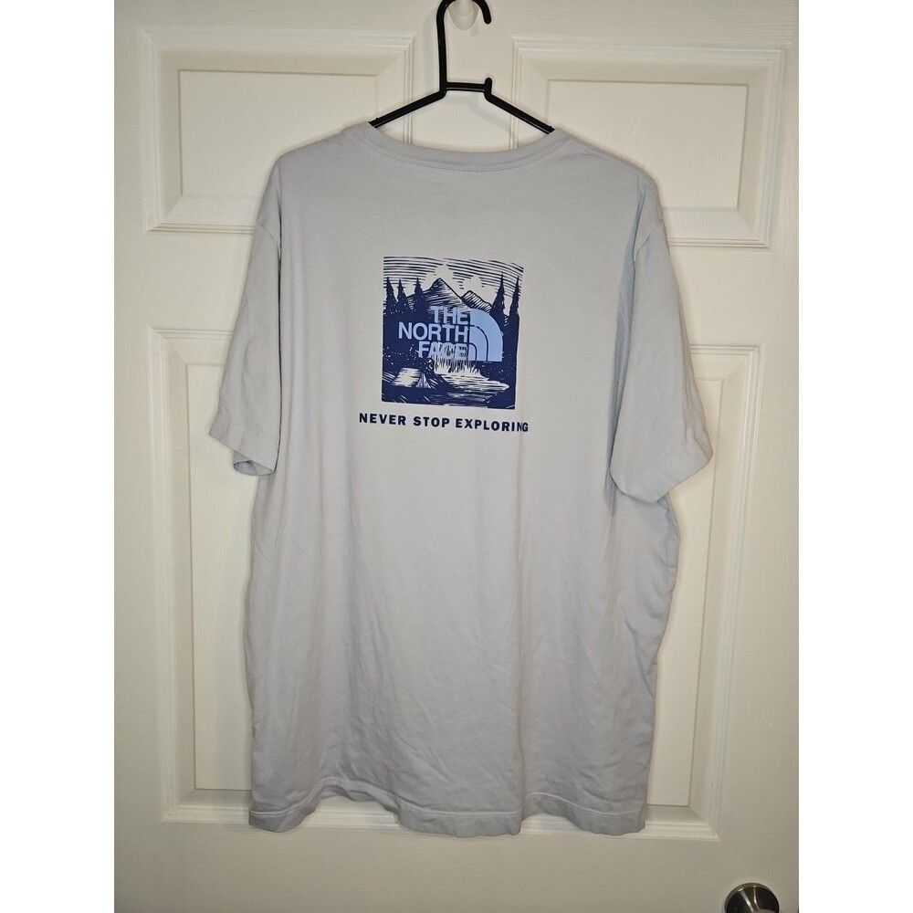 North Face T-Shirt Men’s XL Short Sleeve Light Blue Spell Out Graphic Design